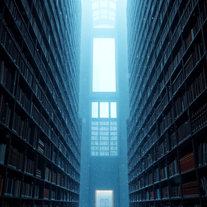 abstract art, a grand library with tall bookshelves, at dawn, with snow falling, cool blue tones, close-up detail shot, soft diffused lighting, 8K UHD, awe-inspiring and grand