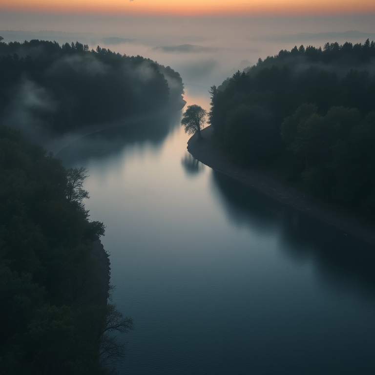 minimalist design, a drone view of a winding river, during twilight, with misty atmosphere, pastel soft colors, bird eye view, dappled light through trees, sharp focus, melancholic and contemplative