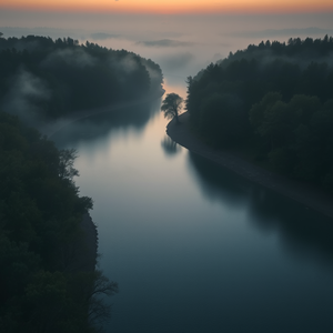 minimalist design, a drone view of a winding river, during twilight, with misty atmosphere, pastel soft colors, bird eye view, dappled light through trees, sharp focus, melancholic and contemplative