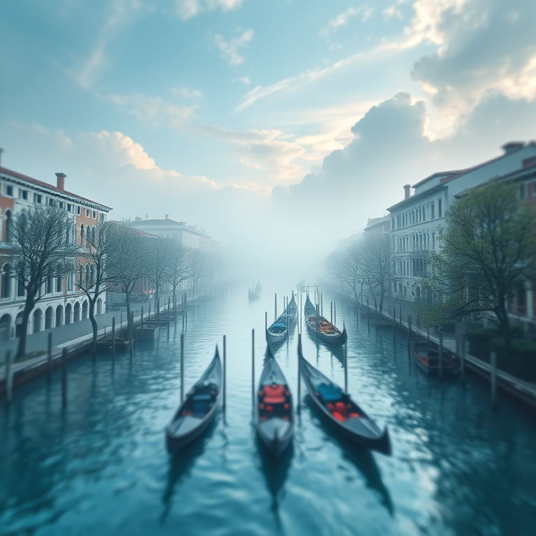 minimalist design, a Venetian canal with gondolas, in early morning mist, with dramatic cloud formations, cool blue tones, tilt-shift miniature effect, dappled light through trees, ultra high resolution, awe-inspiring and grand