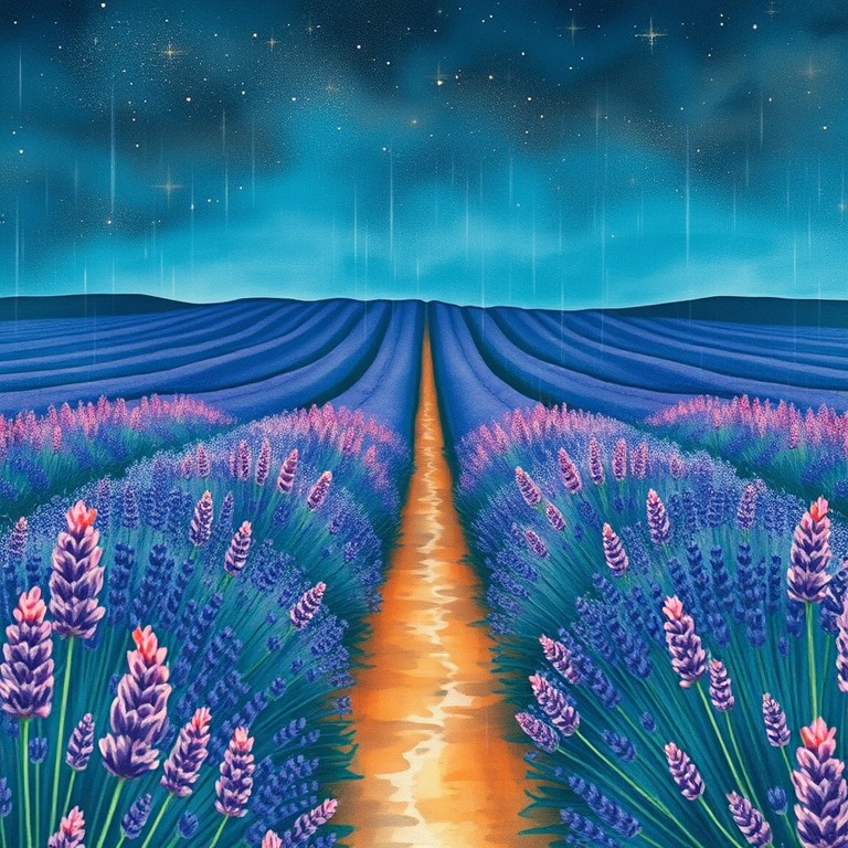 watercolor painting, a lavender field in Provence, at night under stars, with rain reflections, teal and orange, wide angle view, studio quality lighting, ultra high resolution, romantic and dreamy