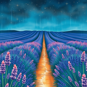 watercolor painting, a lavender field in Provence, at night under stars, with rain reflections, teal and orange, wide angle view, studio quality lighting, ultra high resolution, romantic and dreamy