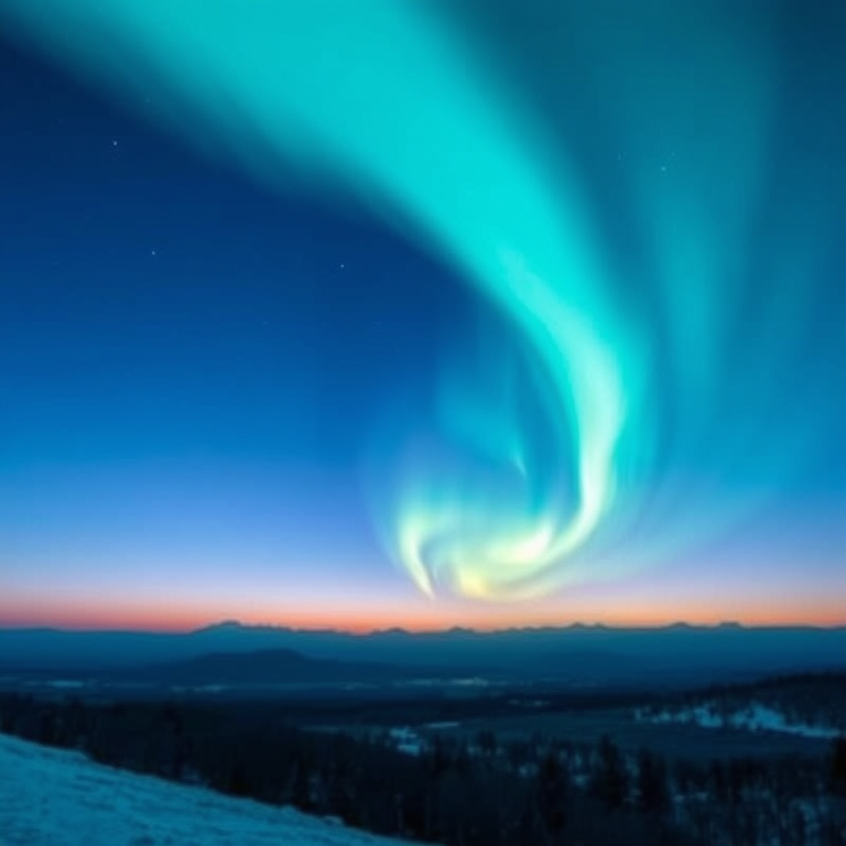 digital art, a northern lights aurora display, at sunrise, with clear blue sky, cool blue tones, telephoto compression, dramatic side lighting, sharp focus, romantic and dreamy