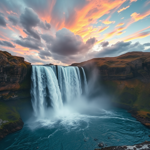 watercolor painting, a waterfall cascading into a pool, at dawn, with dramatic cloud formations, vibrant saturated colors, wide angle view, natural light, professional photography, awe-inspiring and grand
