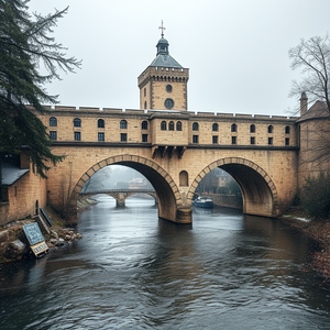 realistic photo, a medieval stone bridge over a river, at midday, with snow falling, pastel soft colors, macro extreme close-up, dramatic side lighting, award-winning composition, awe-inspiring and grand