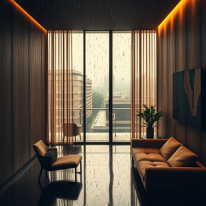 abstract art, a modern minimalist interior design, during a storm, with rain reflections, golden warm palette, bird eye view, dramatic side lighting, masterpiece quality, melancholic and contemplative