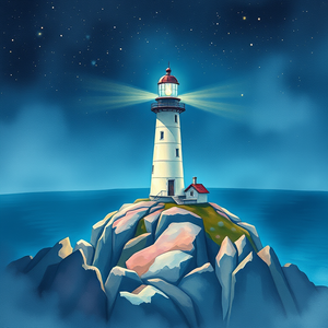 watercolor painting, a lighthouse on rocky cliffs, at night under stars, with gentle breeze, pastel soft colors, wide angle view, neon glow, RAW photo, melancholic and contemplative