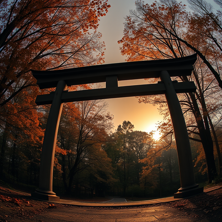 digital art, a Japanese torii gate in autumn, at dawn, with rainbow in background, muted earth tones, fish-eye lens, dappled light through trees, RAW photo, romantic and dreamy