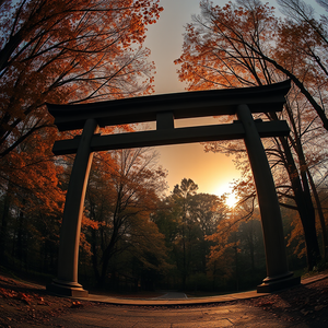 digital art, a Japanese torii gate in autumn, at dawn, with rainbow in background, muted earth tones, fish-eye lens, dappled light through trees, RAW photo, romantic and dreamy