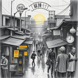 pencil sketch, a bustling street market in Asia, during golden hour, with rain reflections, monochrome black and white, bird eye view, neon glow, masterpiece quality, melancholic and contemplative