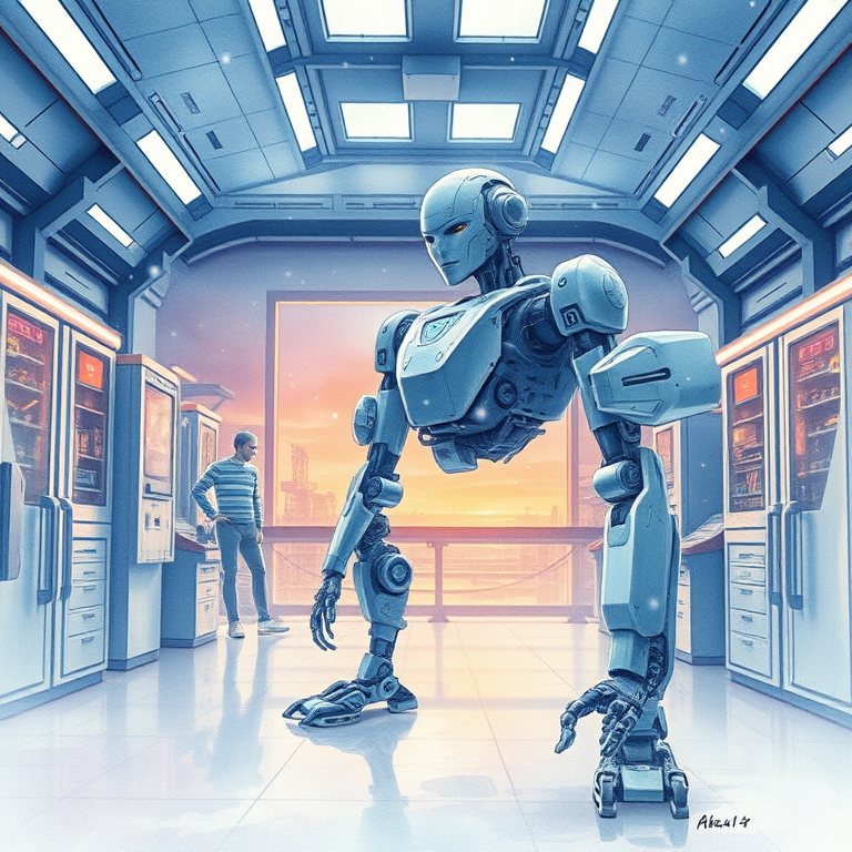watercolor painting, a robot in a futuristic lab, during twilight, with snow falling, pastel soft colors, wide angle view, soft diffused lighting, award-winning composition, dramatic and powerful