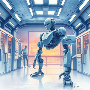 watercolor painting, a robot in a futuristic lab, during twilight, with snow falling, pastel soft colors, wide angle view, soft diffused lighting, award-winning composition, dramatic and powerful