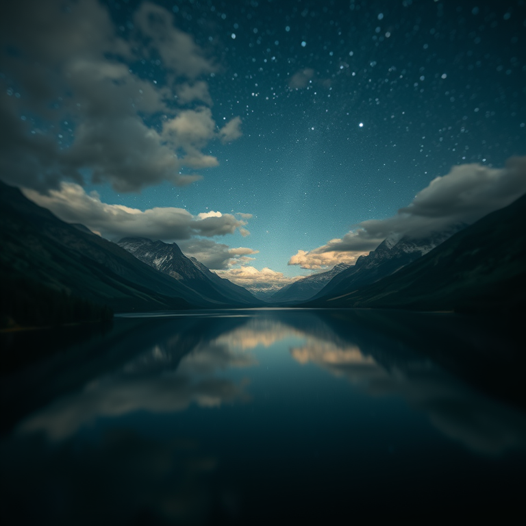 cinematic shot, a serene lake reflecting mountains, at night under stars, with dramatic cloud formations, muted earth tones, tilt-shift miniature effect, natural light, sharp focus, mysterious and ethereal