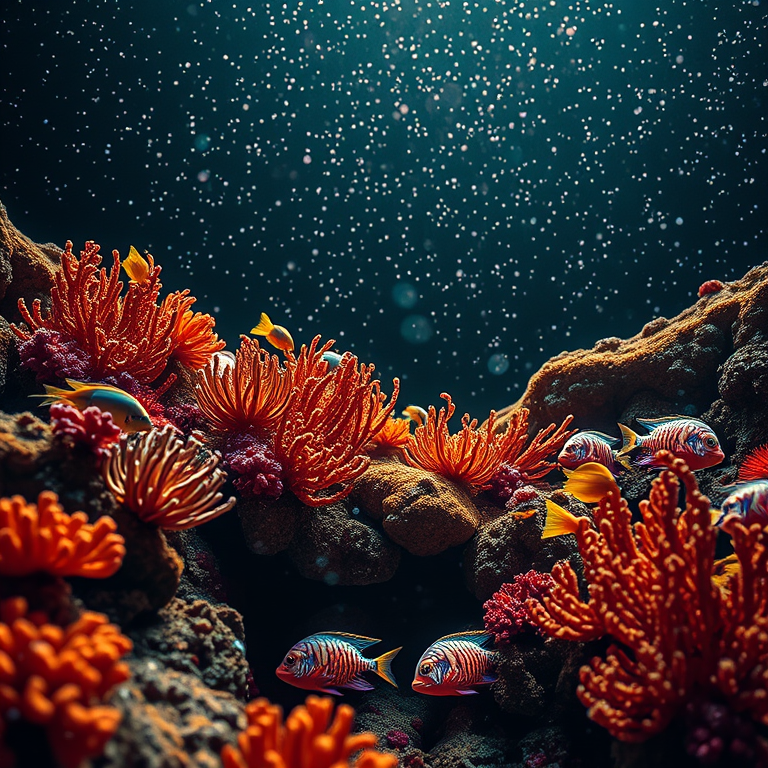 abstract art, a colorful coral reef with tropical fish, at night under stars, with snow falling, golden warm palette, low angle dramatic perspective, moody atmospheric lighting, sharp focus, romantic and dreamy