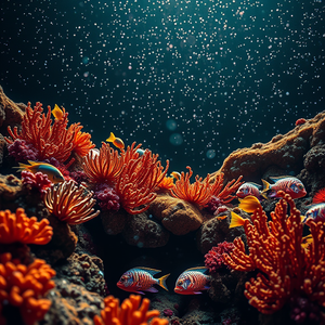 abstract art, a colorful coral reef with tropical fish, at night under stars, with snow falling, golden warm palette, low angle dramatic perspective, moody atmospheric lighting, sharp focus, romantic and dreamy