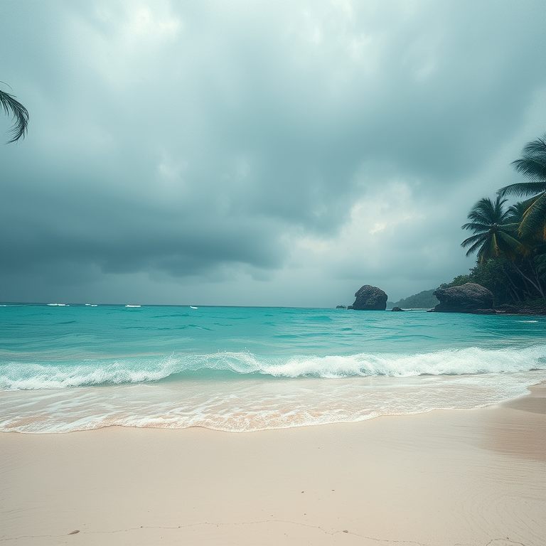 pencil sketch, a tropical beach with turquoise water, during a storm, with misty atmosphere, pastel soft colors, close-up detail shot, moody atmospheric lighting, 8K UHD, dramatic and powerful