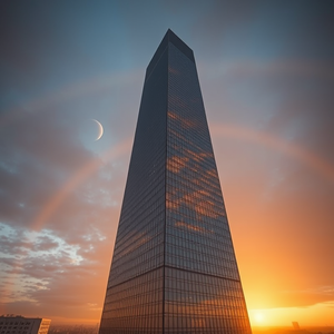 cinematic shot, a modern glass skyscraper, during golden hour, with rainbow in background, golden warm palette, bird eye view, studio quality lighting, sharp focus, awe-inspiring and grand