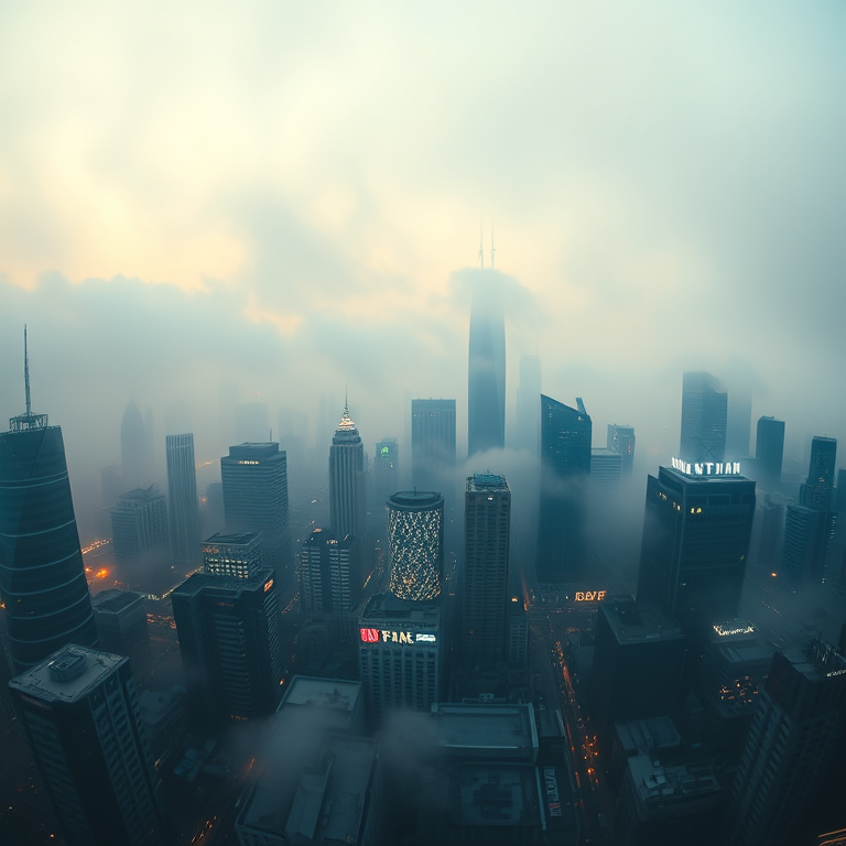 abstract art, a futuristic city skyline, in early morning mist, with fog rolling in, pastel soft colors, fish-eye lens, moody atmospheric lighting, ultra high resolution, dramatic and powerful