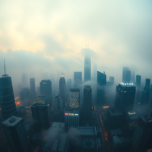 abstract art, a futuristic city skyline, in early morning mist, with fog rolling in, pastel soft colors, fish-eye lens, moody atmospheric lighting, ultra high resolution, dramatic and powerful