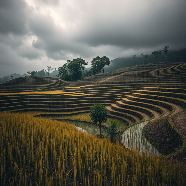 abstract art, a terraced rice paddy in Bali, during a storm, with rain reflections, warm tones, low angle dramatic perspective, studio quality lighting, professional photography, melancholic and contemplative