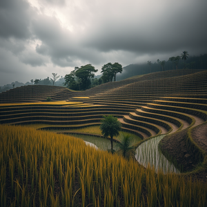 abstract art, a terraced rice paddy in Bali, during a storm, with rain reflections, warm tones, low angle dramatic perspective, studio quality lighting, professional photography, melancholic and contemplative
