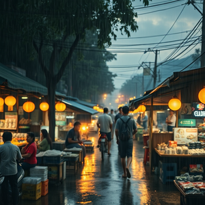 abstract art, a bustling street market in Asia, during twilight, with rain reflections, warm tones, panoramic view, natural light, RAW photo, melancholic and contemplative