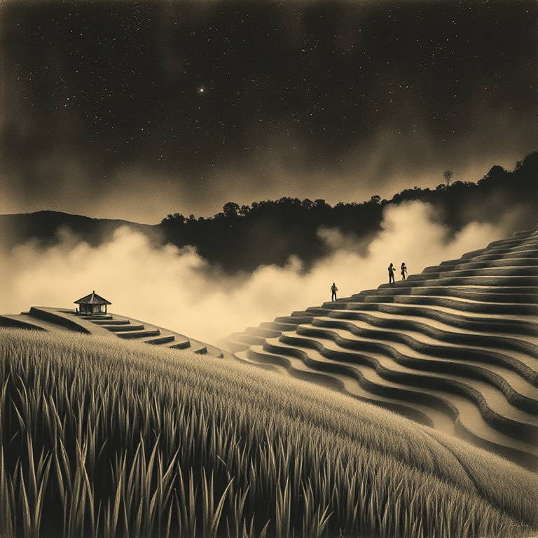 charcoal drawing, a terraced rice paddy in Bali, at night under stars, with fog rolling in, warm tones, low angle dramatic perspective, dramatic side lighting, highly detailed, awe-inspiring and grand