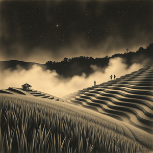 charcoal drawing, a terraced rice paddy in Bali, at night under stars, with fog rolling in, warm tones, low angle dramatic perspective, dramatic side lighting, highly detailed, awe-inspiring and grand