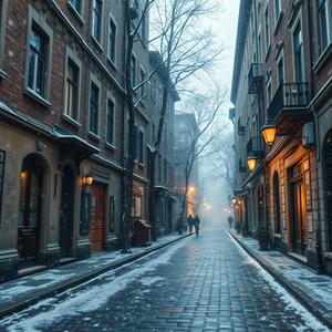 hyper-realistic render, an old European cobblestone street, during a storm, with snow falling, cool blue tones, telephoto compression, dappled light through trees, ultra high resolution, cozy and warm