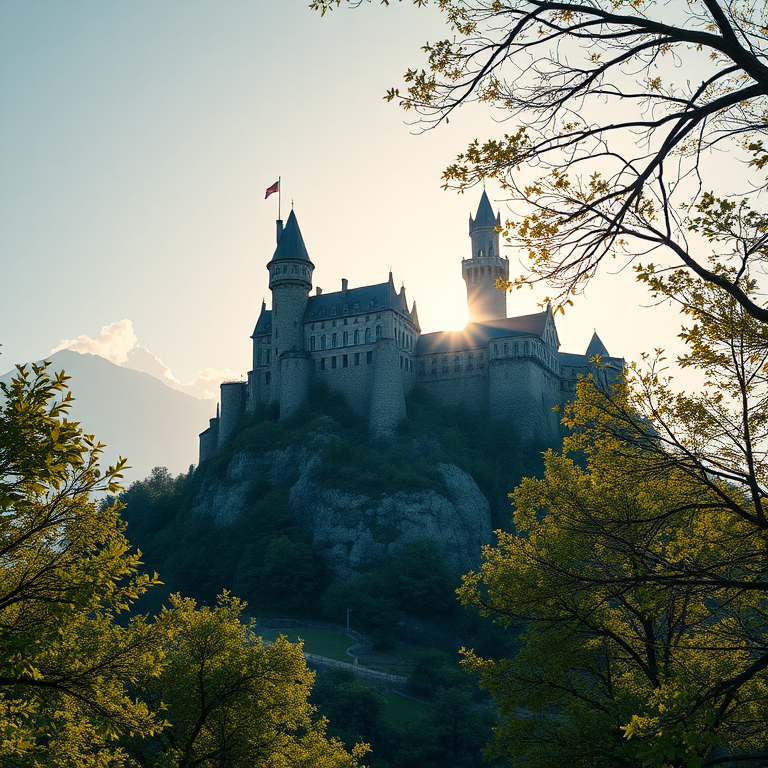 3D render, an ancient castle on a hilltop, at sunrise, with gentle breeze, cool blue tones, low angle dramatic perspective, dappled light through trees, professional photography, energetic and vibrant