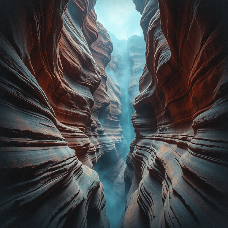 charcoal drawing, a canyon with layered red rock, during a storm, with misty atmosphere, teal and orange, macro extreme close-up, neon glow, highly detailed, peaceful and serene