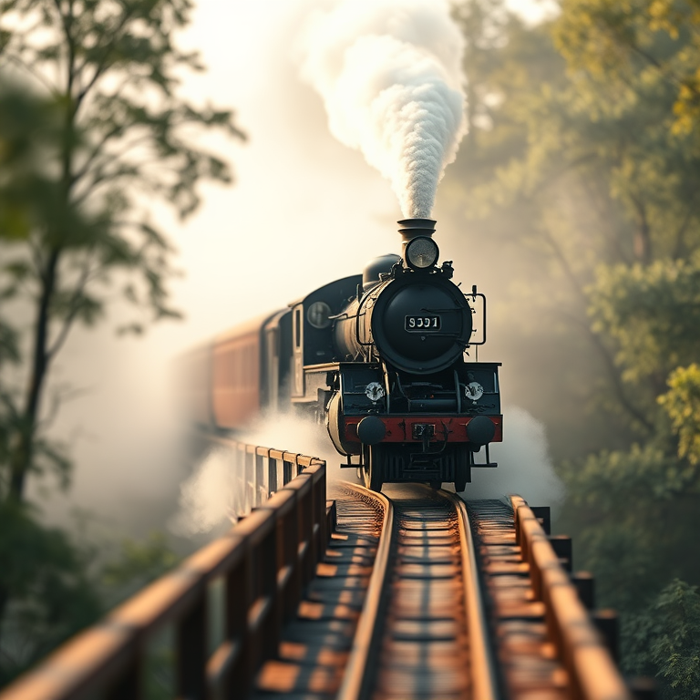 hyper-realistic render, a vintage steam train on a bridge, in early morning mist, with gentle breeze, vibrant saturated colors, tilt-shift miniature effect, dappled light through trees, photorealistic, dramatic and powerful
