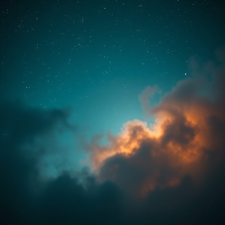 minimalist design, a deep space nebula with stars, at blue hour, with misty atmosphere, teal and orange, close-up detail shot, soft diffused lighting, ultra high resolution, cozy and warm