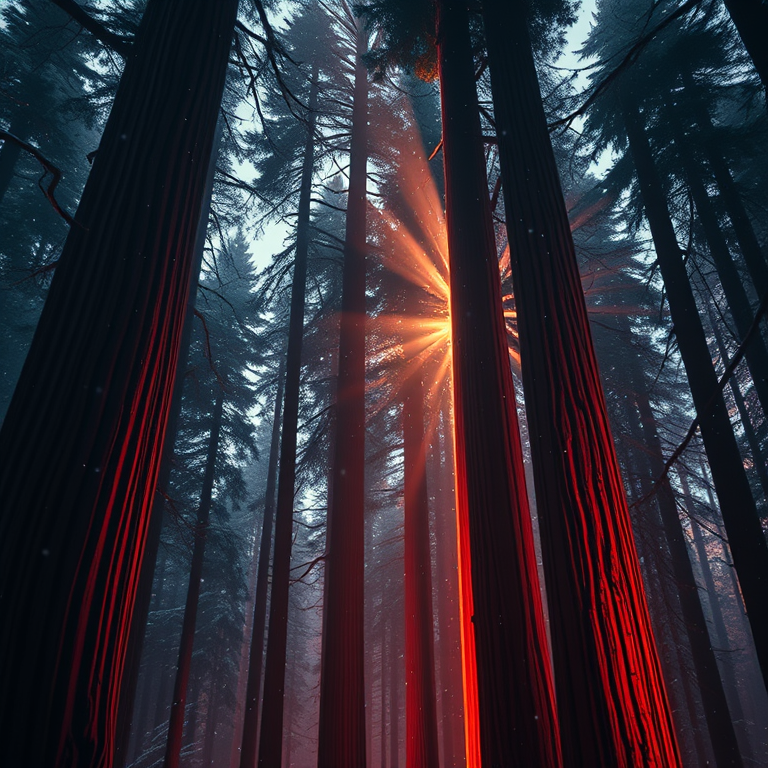 anime style, a towering redwood forest, during twilight, with snow falling, warm tones, macro extreme close-up, rim lighting, photorealistic, mysterious and ethereal