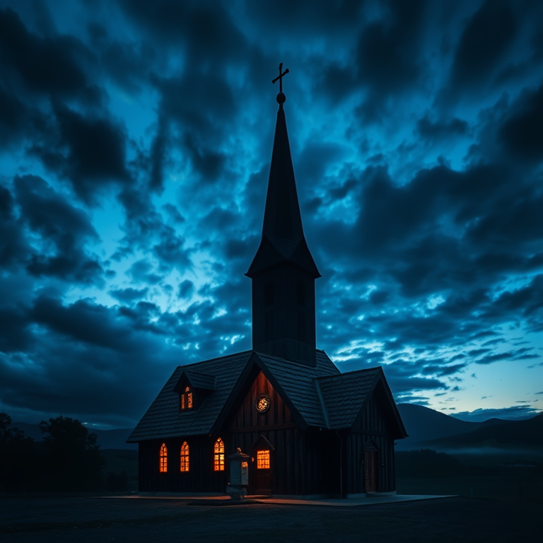 concept art, a Northern European stave church, at blue hour, with dramatic cloud formations, high contrast, telephoto compression, studio quality lighting, award-winning composition, dark and moody
