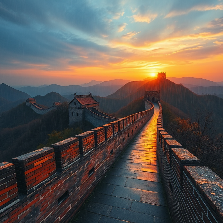 oil painting, the Great Wall of China at sunset, at blue hour, with rain reflections, warm tones, wide angle view, dappled light through trees, sharp focus, energetic and vibrant