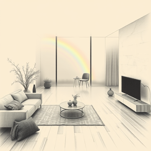 pencil sketch, a modern minimalist interior design, in early morning mist, with rainbow in background, muted earth tones, bird eye view, rim lighting, photorealistic, melancholic and contemplative