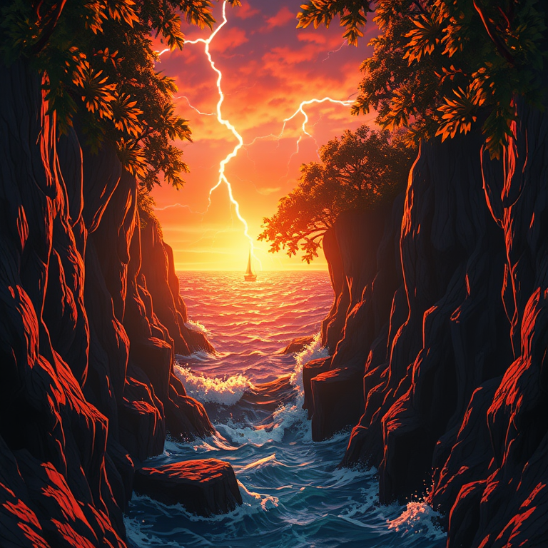 anime style, a deep ocean trench scene, during golden hour, with lightning in distance, vibrant saturated colors, close-up detail shot, dappled light through trees, photorealistic, dramatic and powerful