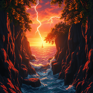 anime style, a deep ocean trench scene, during golden hour, with lightning in distance, vibrant saturated colors, close-up detail shot, dappled light through trees, photorealistic, dramatic and powerful