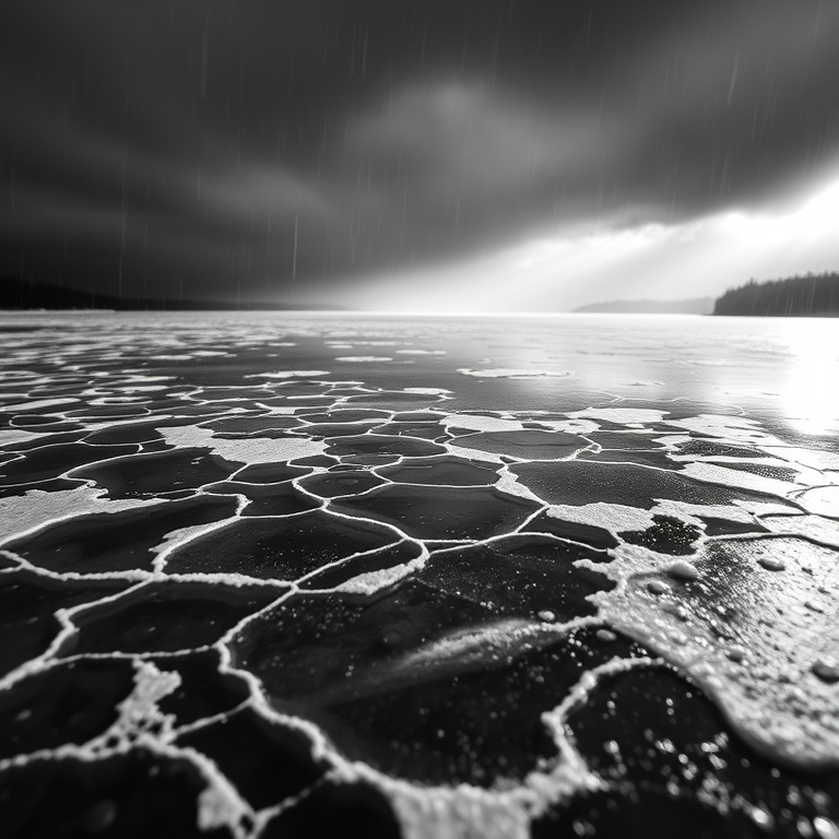 minimalist design, a frozen lake with ice patterns, during a storm, with rain reflections, monochrome black and white, tilt-shift miniature effect, volumetric light rays, sharp focus, energetic and vibrant