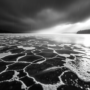 minimalist design, a frozen lake with ice patterns, during a storm, with rain reflections, monochrome black and white, tilt-shift miniature effect, volumetric light rays, sharp focus, energetic and vibrant