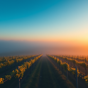 minimalist design, an Italian vineyard in Tuscany, in early morning mist, with clear blue sky, golden warm palette, telephoto compression, studio quality lighting, masterpiece quality, melancholic and contemplative