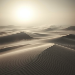 charcoal drawing, a vast desert with sand dunes, in early morning mist, with misty atmosphere, high contrast, telephoto compression, backlit with sun flare, ultra high resolution, dramatic and powerful