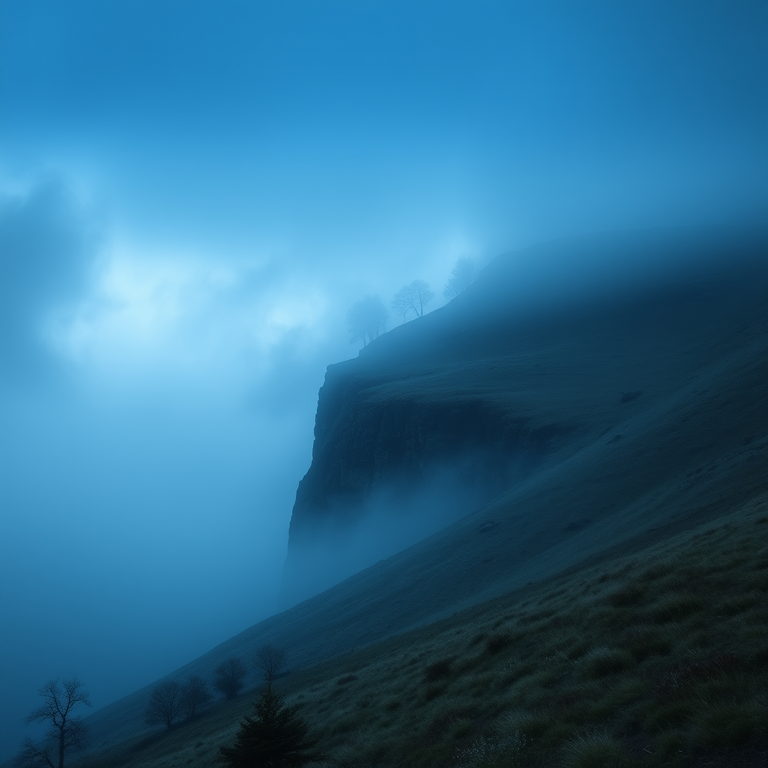 realistic photo, a misty Scottish highland, at blue hour, with misty atmosphere, cool blue tones, close-up detail shot, dramatic side lighting, ultra high resolution, melancholic and contemplative