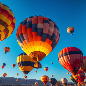 digital art, a colorful hot air balloon festival, at midday, with clear blue sky, high contrast, bird eye view, studio quality lighting, award-winning composition, romantic and dreamy