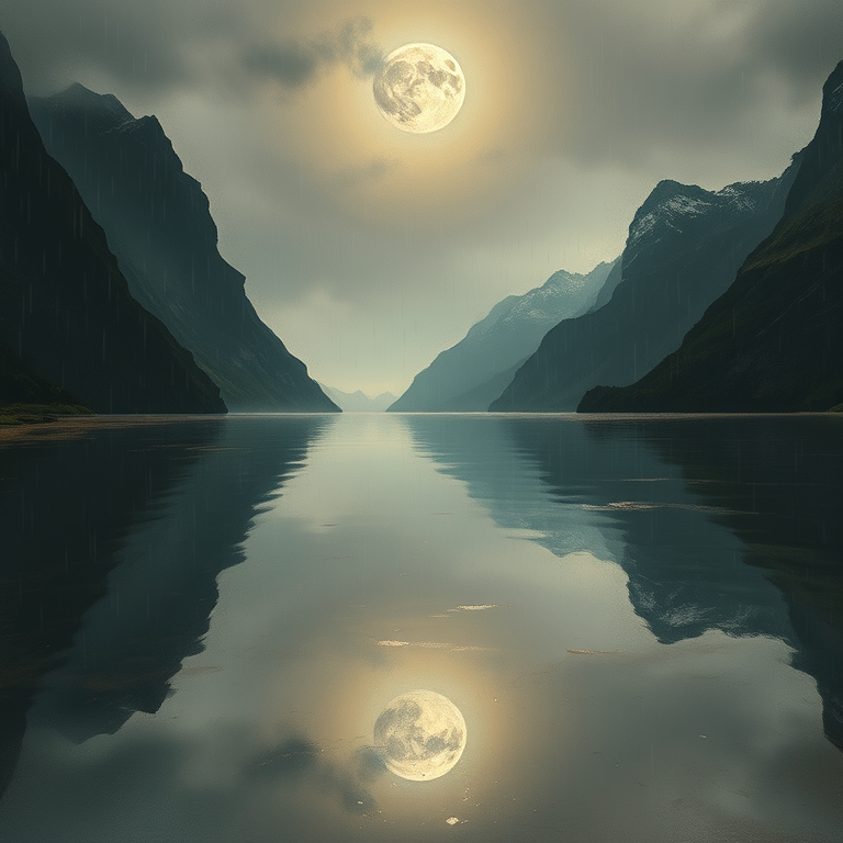 impressionist painting, a Norwegian fjord with mirror water, under a full moon, with rain reflections, muted earth tones, macro extreme close-up, moody atmospheric lighting, sharp focus, melancholic and contemplative