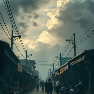 watercolor painting, a bustling street market in Asia, at midday, with dramatic cloud formations, muted earth tones, close-up detail shot, moody atmospheric lighting, RAW photo, mysterious and ethereal