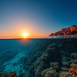 cinematic shot, a coral reef underwater scene, during golden hour, with clear blue sky, high contrast, panoramic view, natural light, 8K UHD, mysterious and ethereal