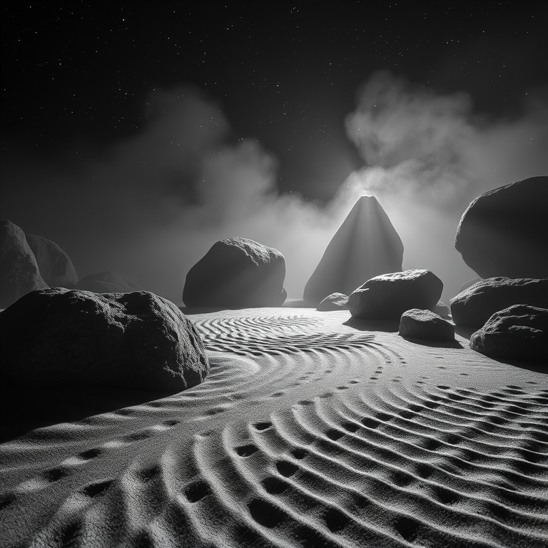 cinematic shot, a zen rock garden with raked sand, at night under stars, with misty atmosphere, monochrome black and white, macro extreme close-up, rim lighting, ultra high resolution, romantic and dreamy