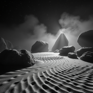 cinematic shot, a zen rock garden with raked sand, at night under stars, with misty atmosphere, monochrome black and white, macro extreme close-up, rim lighting, ultra high resolution, romantic and dreamy